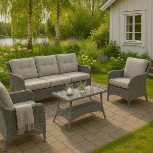 Svanö - Loungegrupp i 4 delar | Naturfärgad konstrotting + Rengöringsspray för utemöbler