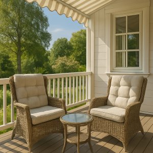 Sandö fåtöljset med bord - Naturfärgad konstrotting + Rengöringsspray för utemöbler