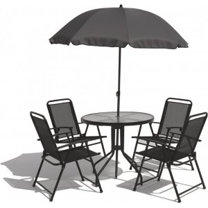 Växjö utegrupp komplett med bord, 4 stolar och parasoll + Rengöringsspray för utemöbler