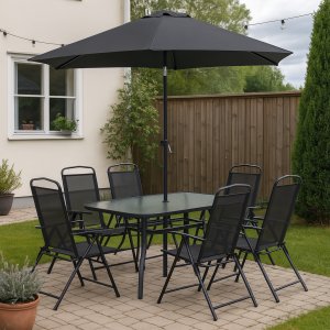 Växjö utegrupp komplett med bord, 6 positionsstolar och parasoll + Rengöringsspray för utemöbler