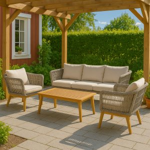 Inez loungegrupp - Grå konstrotting & akacia trä + Rengöringsspray för utemöbler