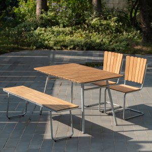 Möllan utegrupp i teak: 2 st stolar med bänk och matbord 120x80 cm + Rengöringsspray för utemöbler