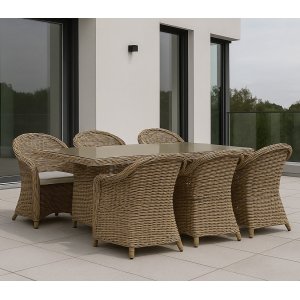 Utegrupp: 6 stolar och bord 200 x 100 cm rotting - Hampton/Mercury + Rengöringsspray för utemöbler