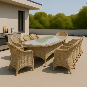 Utegrupp: 8 stolar och matbord 230 x 100 cm rotting - Menton/Mercury + Rengöringsspray för utemöbler