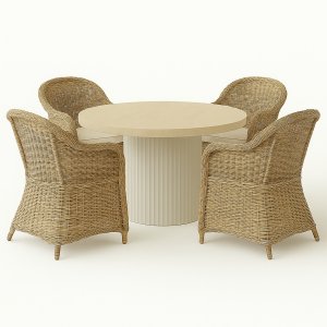 Merca matgrupp: Runt bord + 4 st Mercury fåtöljer naturfärgad konstrotting + Textilimpregnering för utemöbler