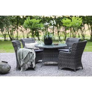 Jacksonville utematgrupp med fyra fåtöljer i grå konstrotting + Rengöringsspray för utemöbler