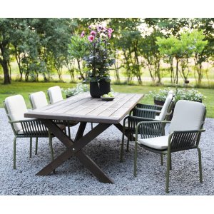 Utegrupp: Bord 220 cm Brun/Grön med 6 st stolar + Rengöringsspray för utemöbler