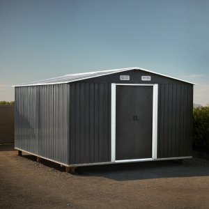 Förråd 12,5 m² | Galvaniserad stålplåt | Dubbel skjutdörr | Bas ingår