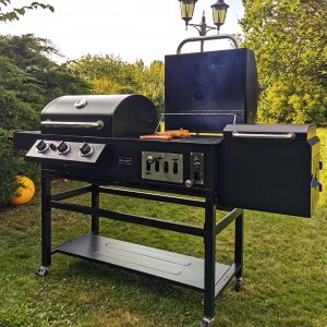 Kombinerad kol- & gasolgrill med rök, gjutjärnsgaller, 3 brännare