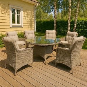 Loungegrupp utomhus konstrotting Ø150 cm - 6 rottingfåtöljer