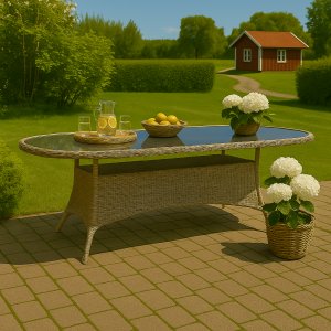 Ovalt trädgårdsbord Menton 230x100 cm konstrotting glas utomhus