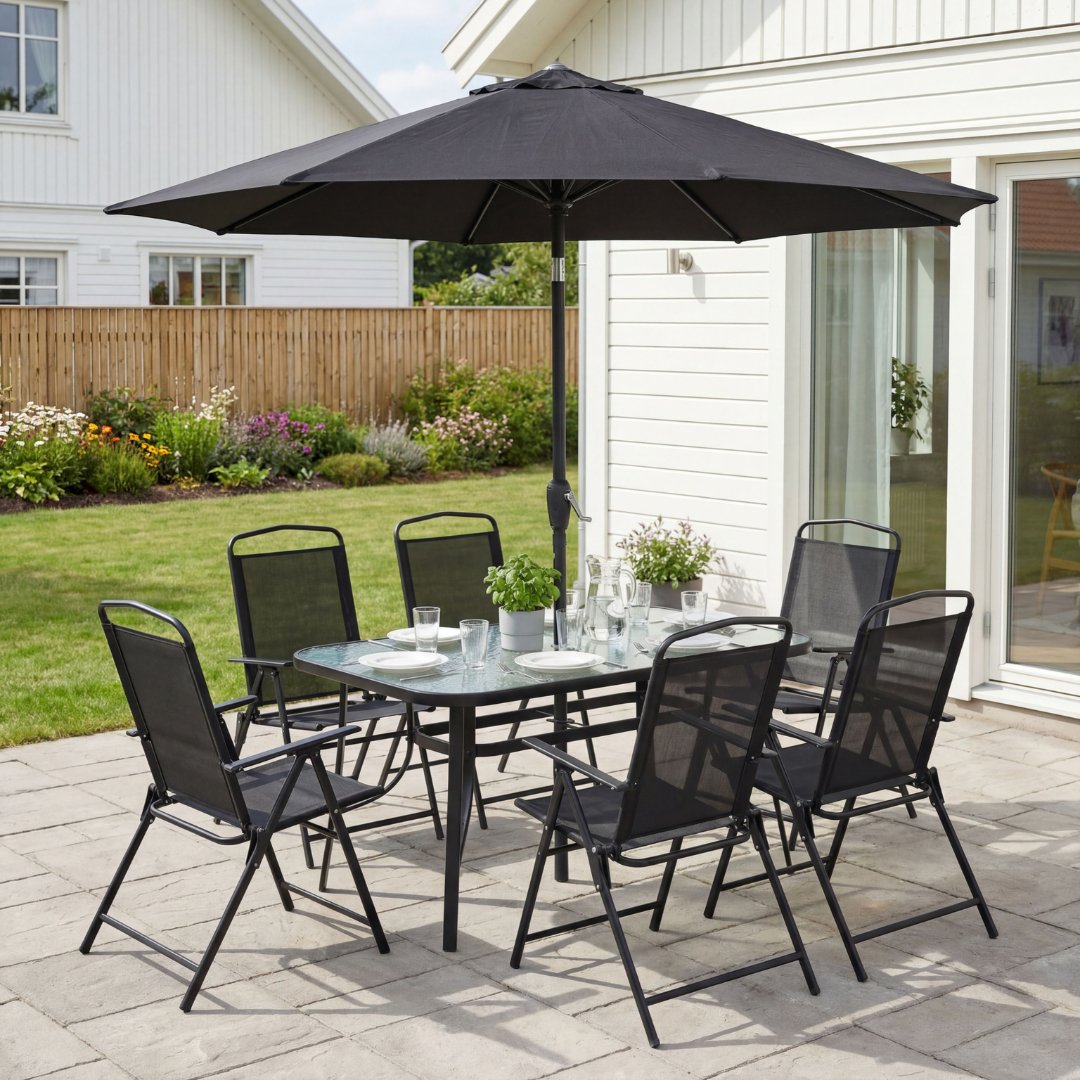 Komplett matgrupp utomhus 6 stolar & parasoll