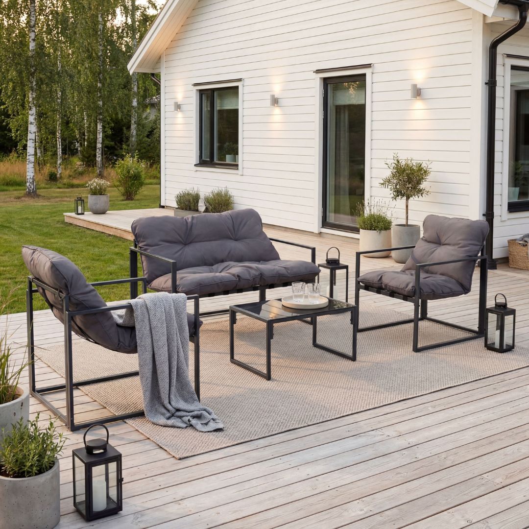 Utemöbler i grupp - soffa, 2 fåtöljer & soffbord - svart glas utomhus