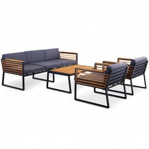 Loungegrupp utomhus akacia-aluminium med dynor & soffbord