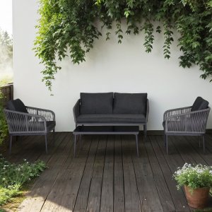 Loungegrupp utomhus - soffa & fåtöljer med bord i rep & glas