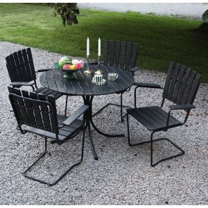 Matgrupp utomhus 4 stolar fjäderstål svart rund trädgård