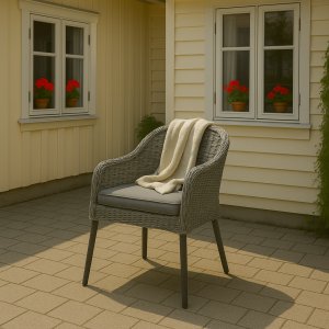 Grå konstrotting trädgårdsstol med dyna & metallben utomhus