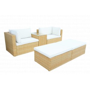 Loungegrupp konstrotting | Soffa med bord & 2 pallar för uteplats | Beige